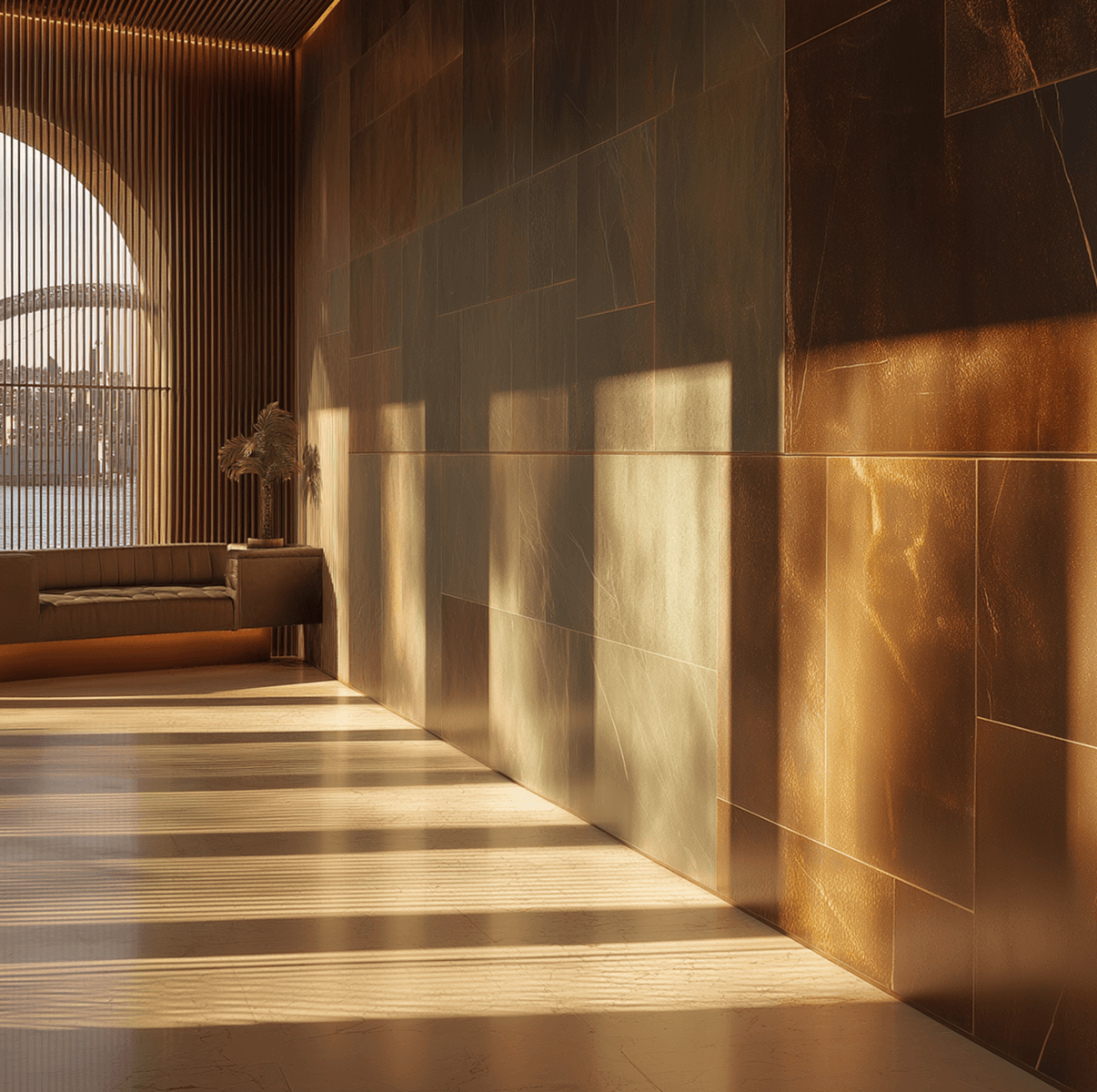 Hallway with a window onto city bridge view