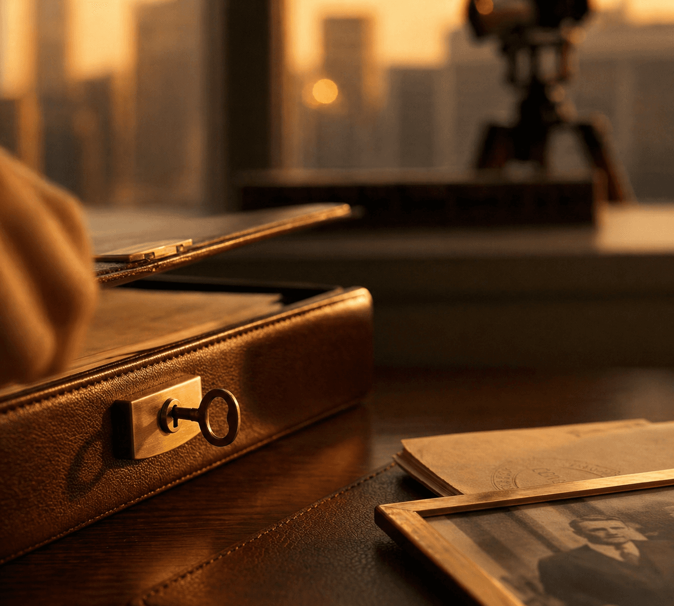 Leather portfolio and documents on a desk